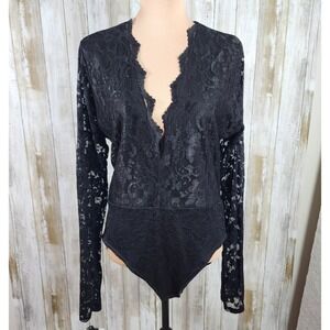 Boohoo Bodysuit Women 14 Tall Black Floral Lace Lined V Neck Feminine Coquette